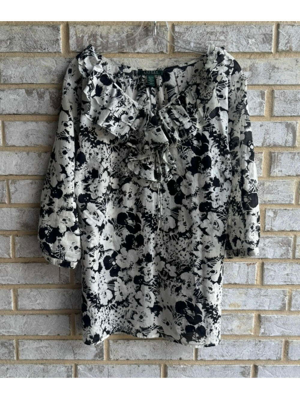 Lauren Ralph Lauren 3/4 Sleeve Ruffle Tie Neck Floral Blouse Women's Size 2X